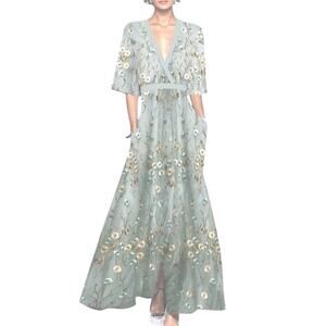 New Kali - Milano Design Steele Blue Floral Maxi Dress lightweight Pockets Sz M